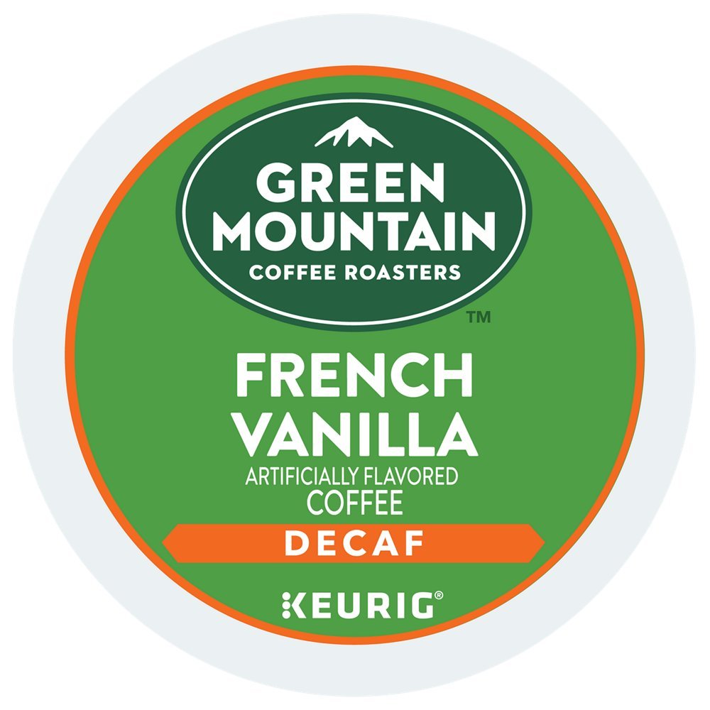 Green Mountain front box view showing pods and convenient decaf vanilla flavor