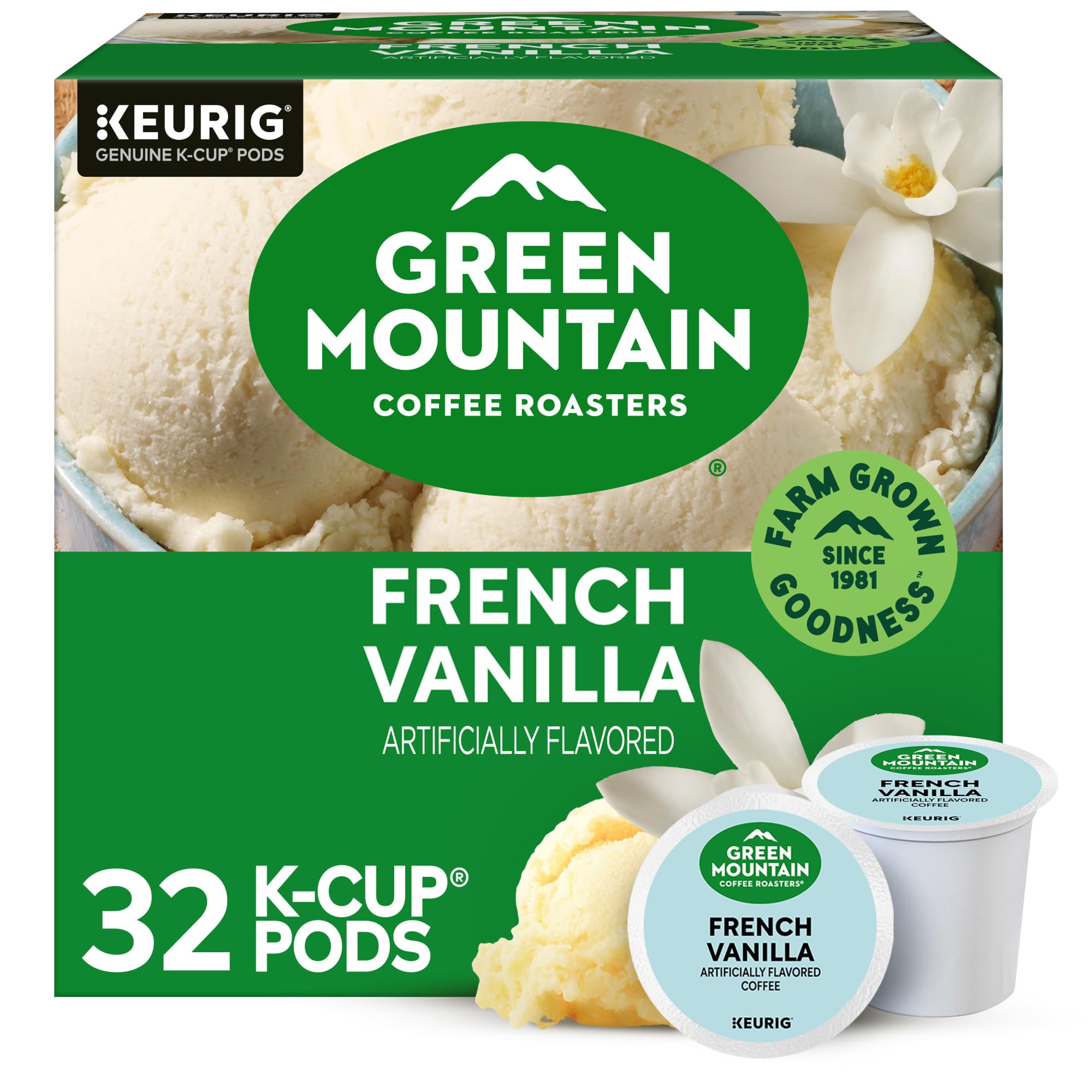 Green Mountain Coffee Roasters front packaging showing French Vanilla flavor benefit convenience