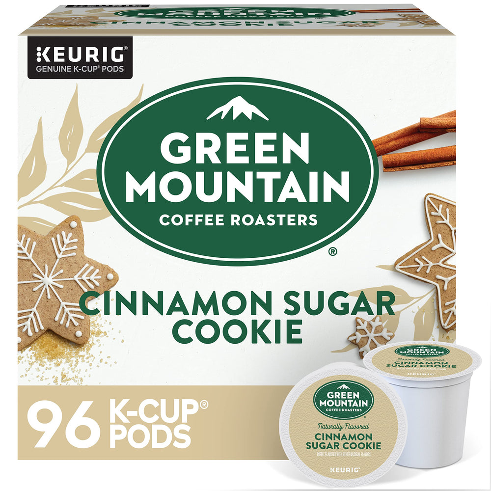 Green Mountain Coffee Roasters front box showing cinnamon sugar cookie flavor and benefits