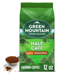 Green Mountain Coffee Roasters front packaging shows brand and mellow half-caff benefit
