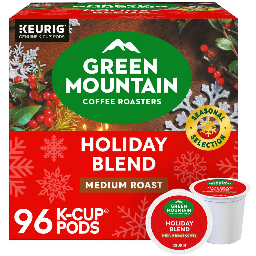 Green Mountain Coffee Roasters front packaging showing holiday blend and 96 count benefit of long supply
