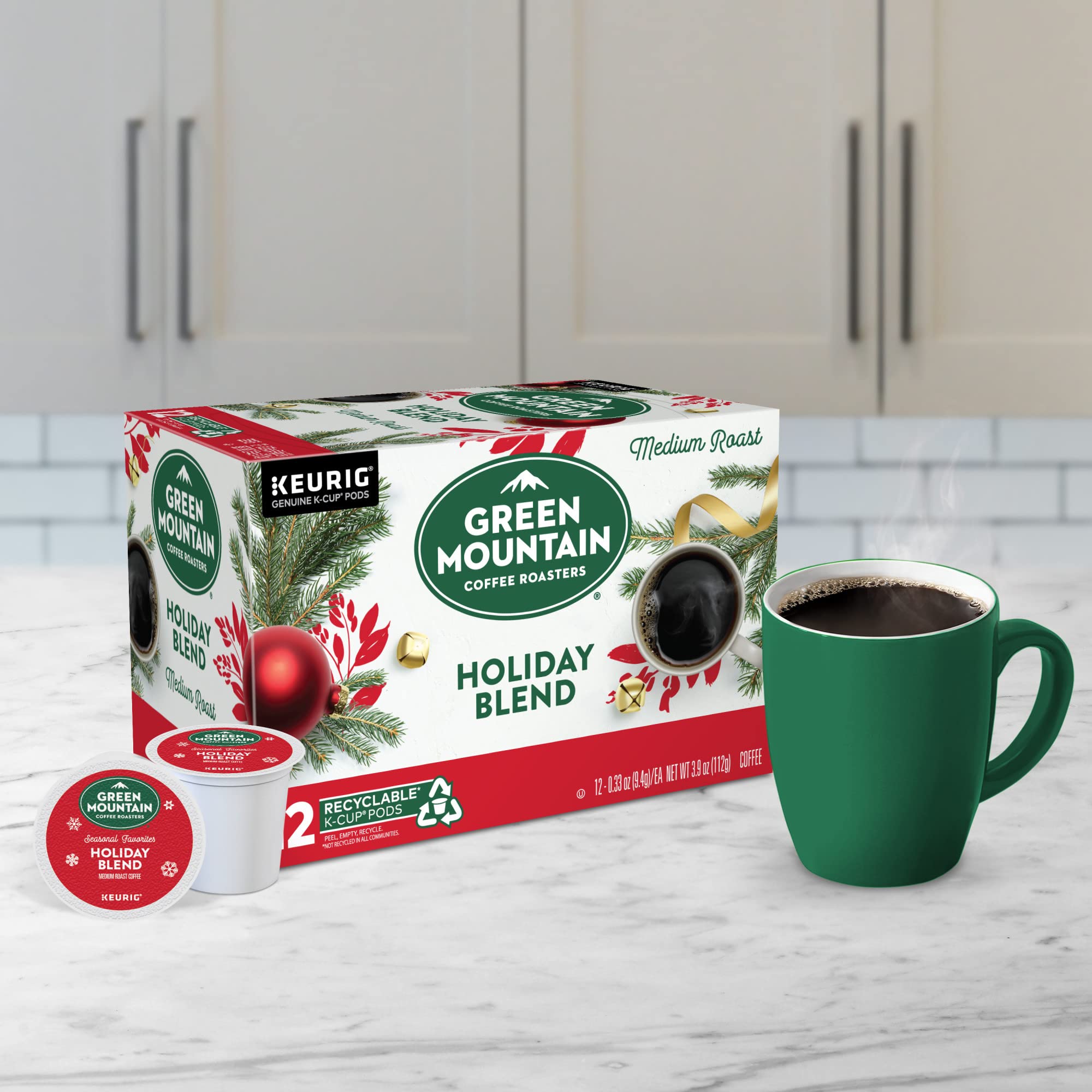 green mountain coffee roasters pod next to measuring tape showing single-serve size advantage