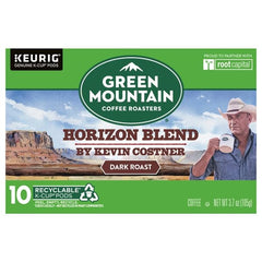Green Mountain Coffee Roasters Horizon Blend front packaging showing K-Cup pods and bold dark roast flavor