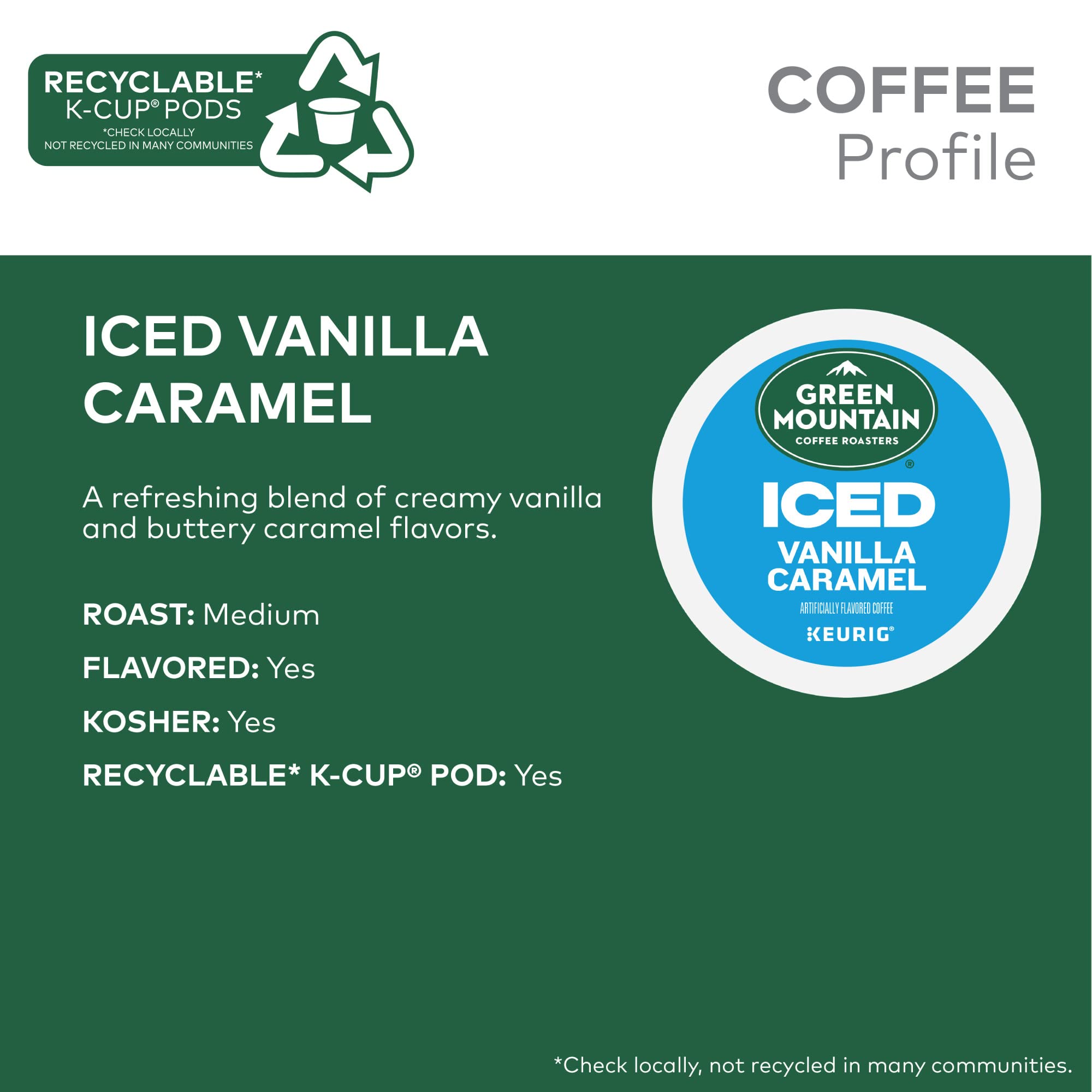 Brewed Green Mountain iced vanilla caramel poured over ice showcasing chilled flavor