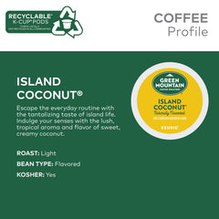 Green Mountain Coffee Roasters close-up label highlighting coconut flavor and kosher certification