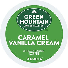 Green Mountain Coffee Roasters K-Cup pod top view, highlights compatibility with Keurig