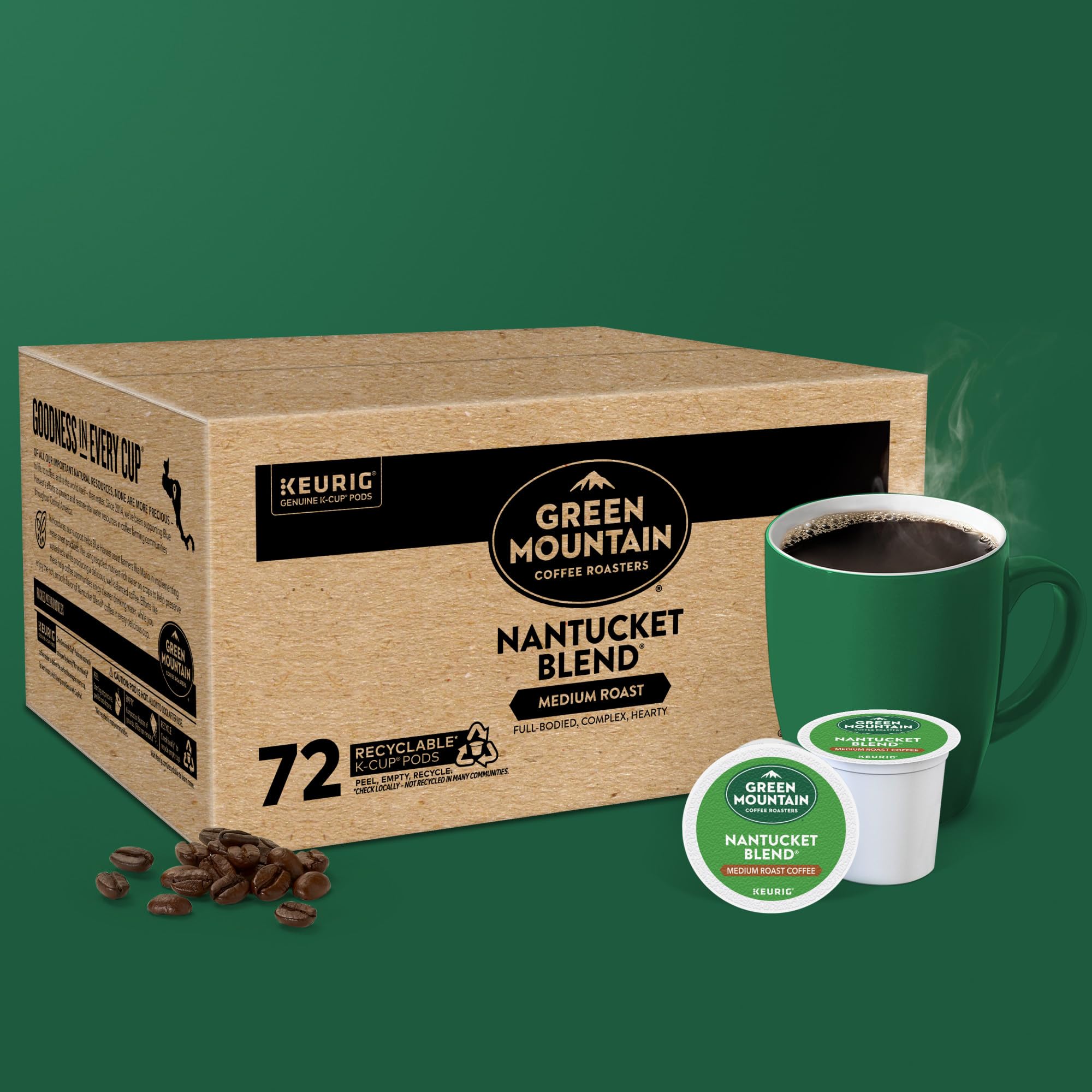 Green Mountain Coffee Roasters label with kosher and responsibly sourced icons for trust