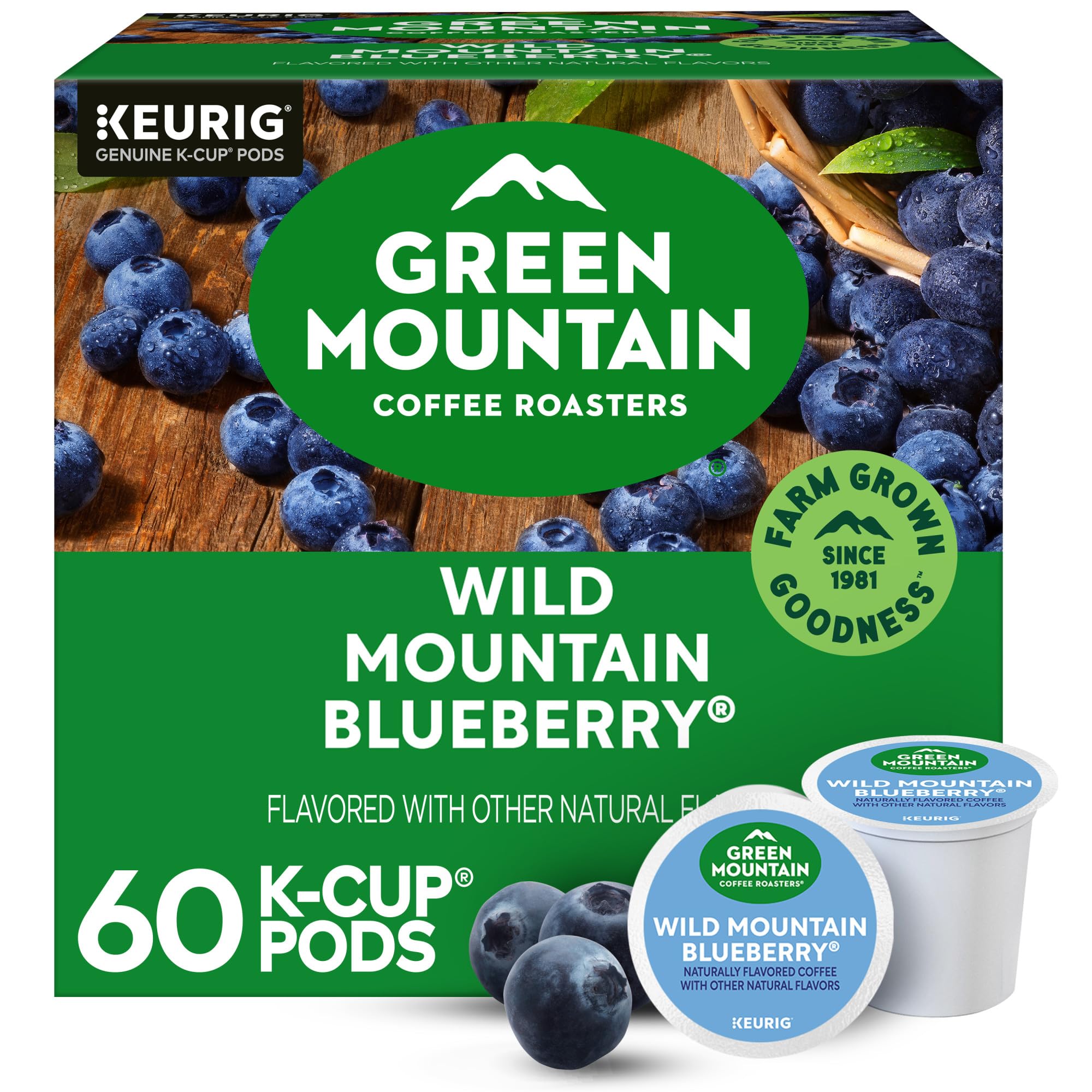 Green Mountain Coffee Roasters front packaging showing blueberry flavor and count benefits