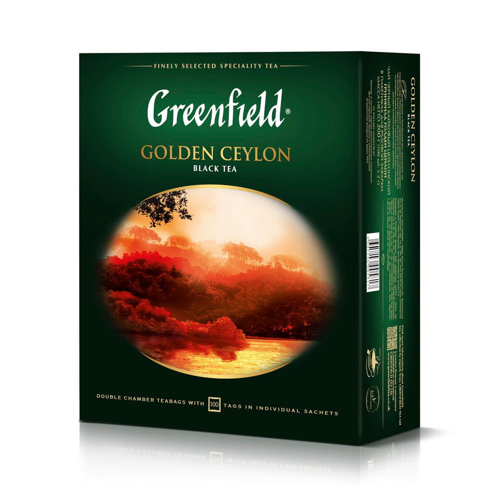 Greenfield brewed cup of Golden Ceylon showing amber liquor and brisk flavor benefit