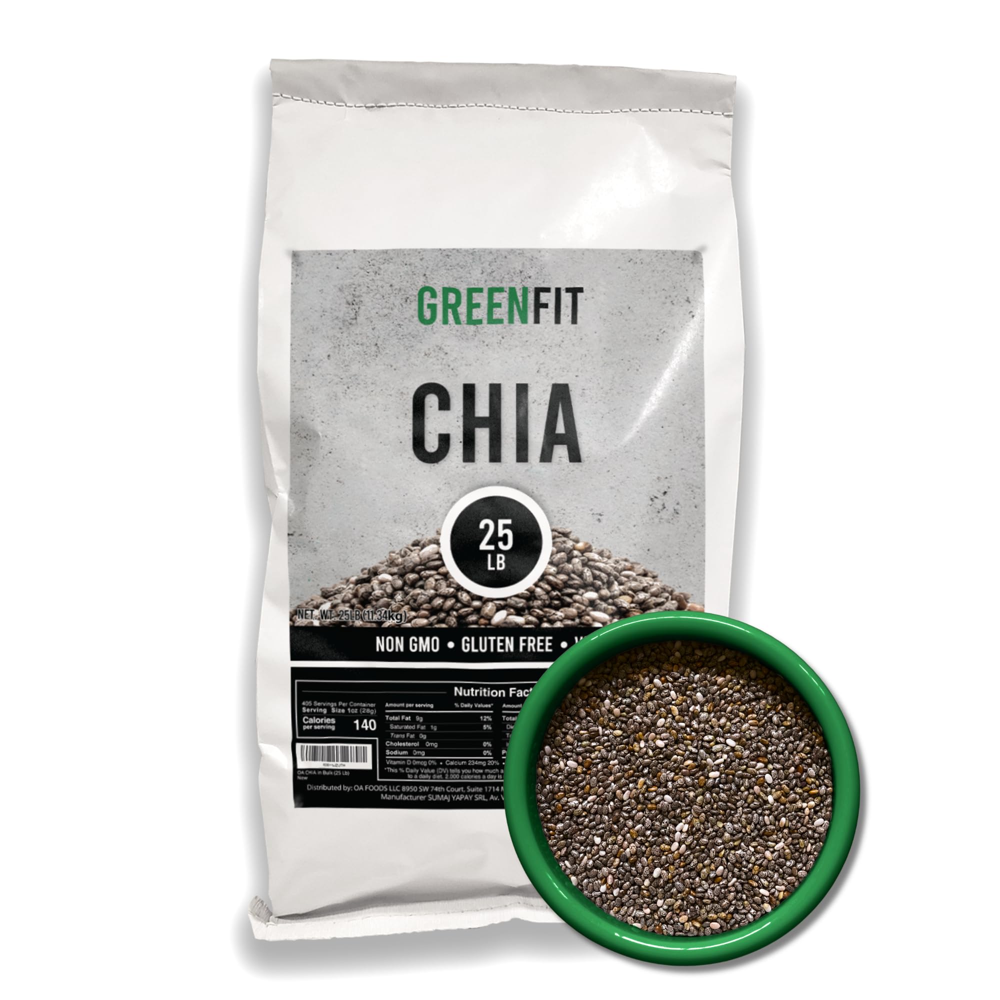 Greenfit front bag showing 25 lb bulk chia seeds and pantry savings