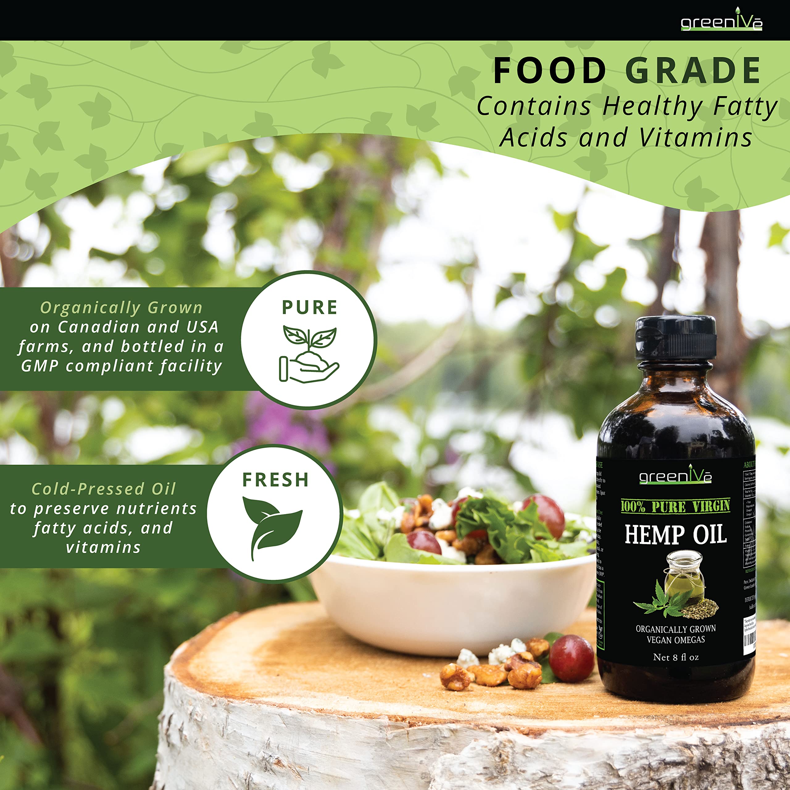 GreenIVe hemp oil drizzled over salad illustrating culinary finishing use