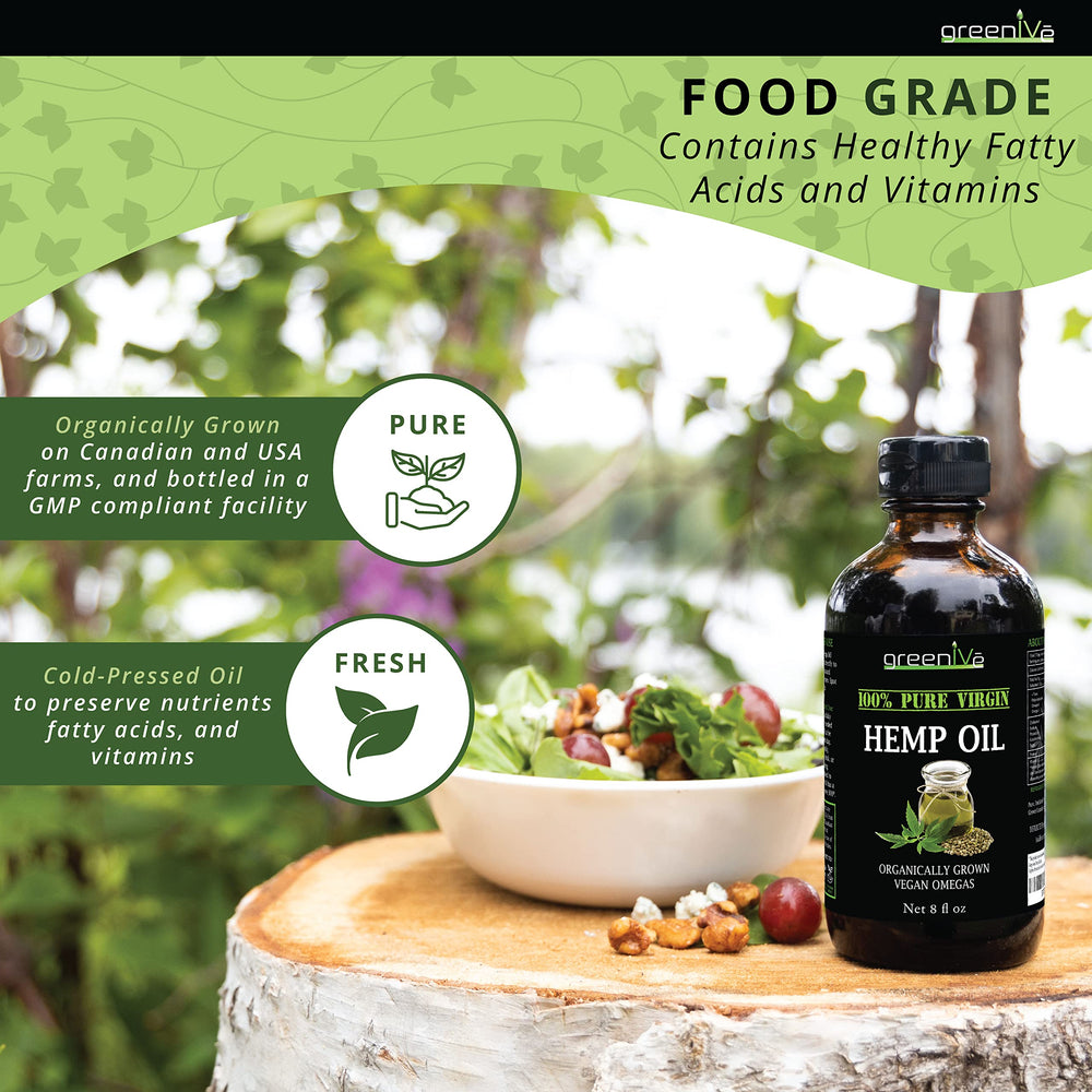 GreenIVe hemp oil drizzled over salad illustrating culinary finishing use