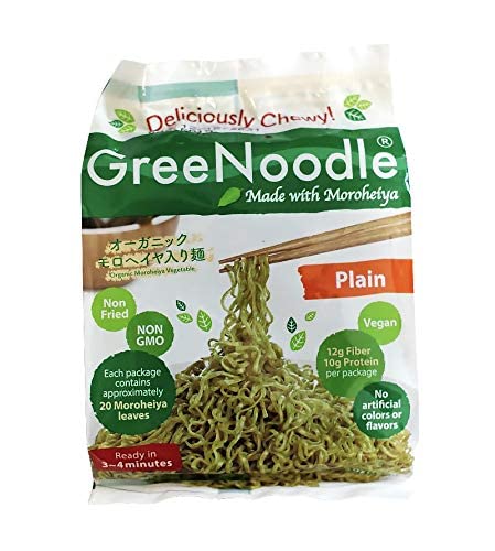 GreeNoodle front packaging showing 12-count box and Moroheiya benefits