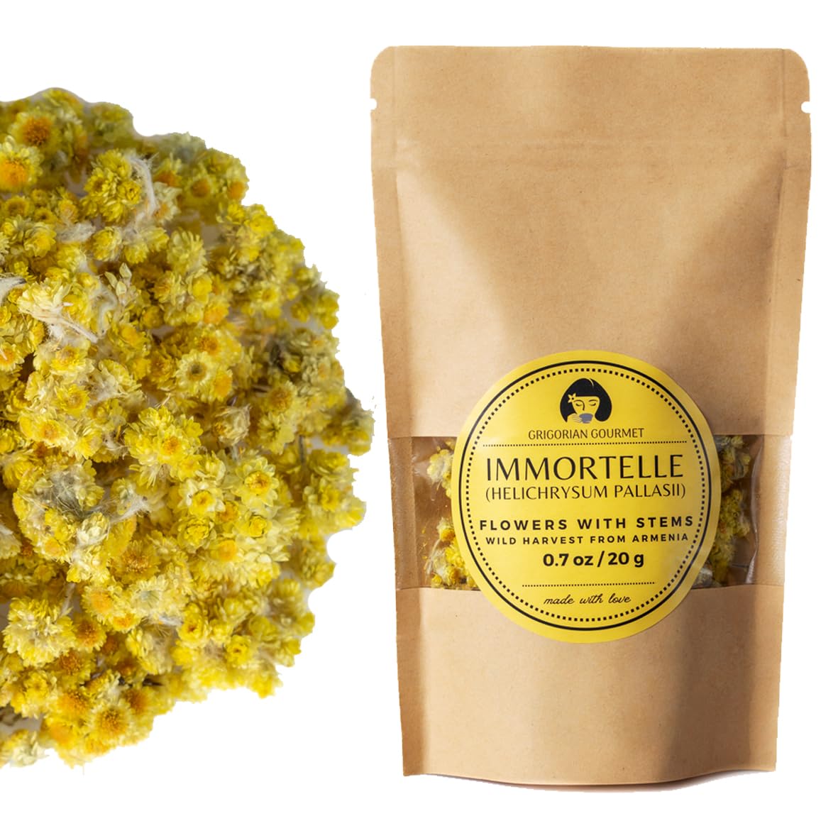 GRIGORIAN GOURMET front packaging showing brand and 20g immortelle, highlights provenance