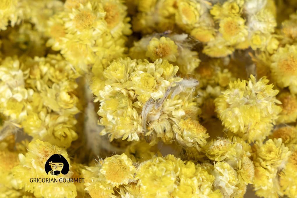 GRIGORIAN GOURMET glass cup of immortelle infusion, showcases clear floral aroma