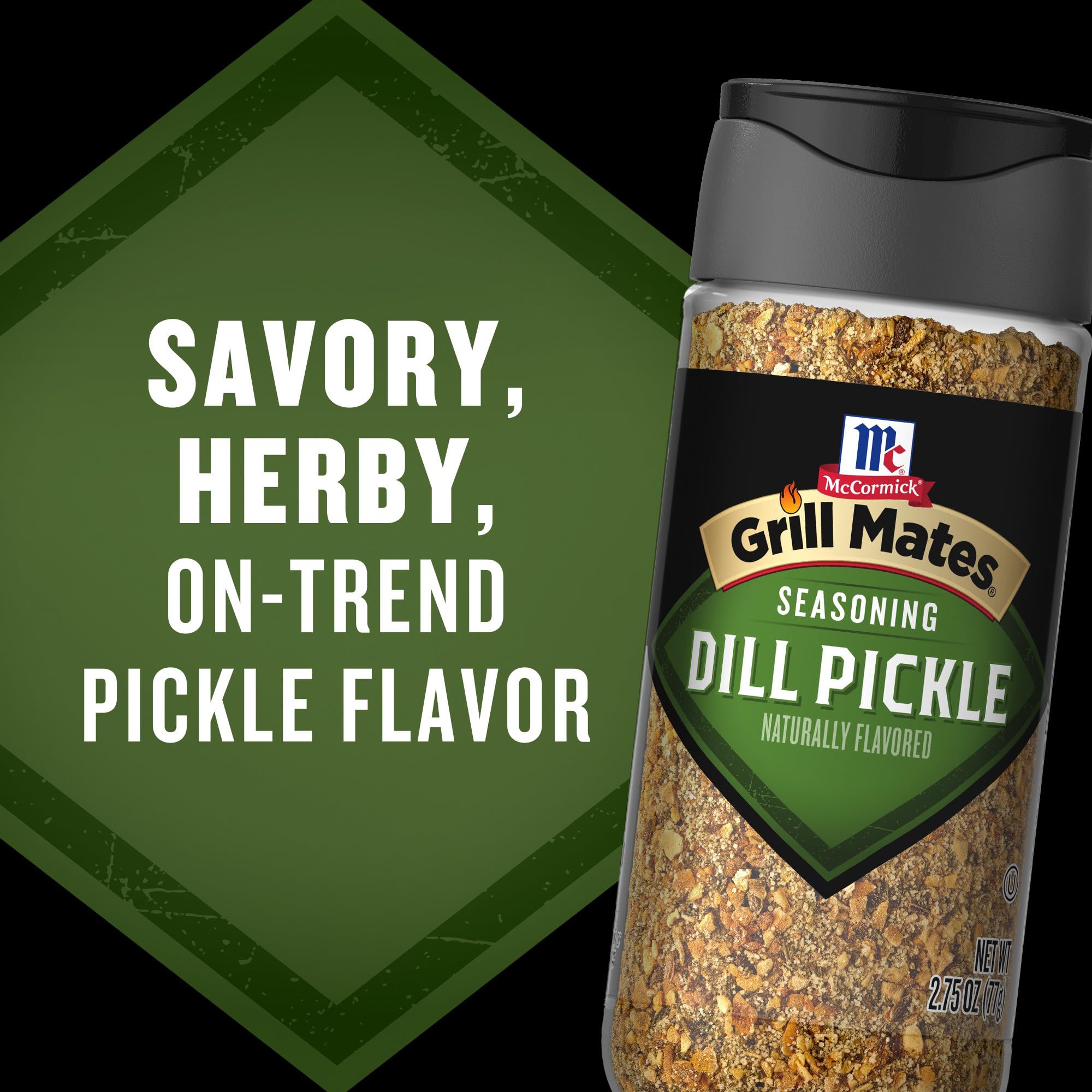 Grill Mates seasoned burger closeup highlighting bold pickle flavor