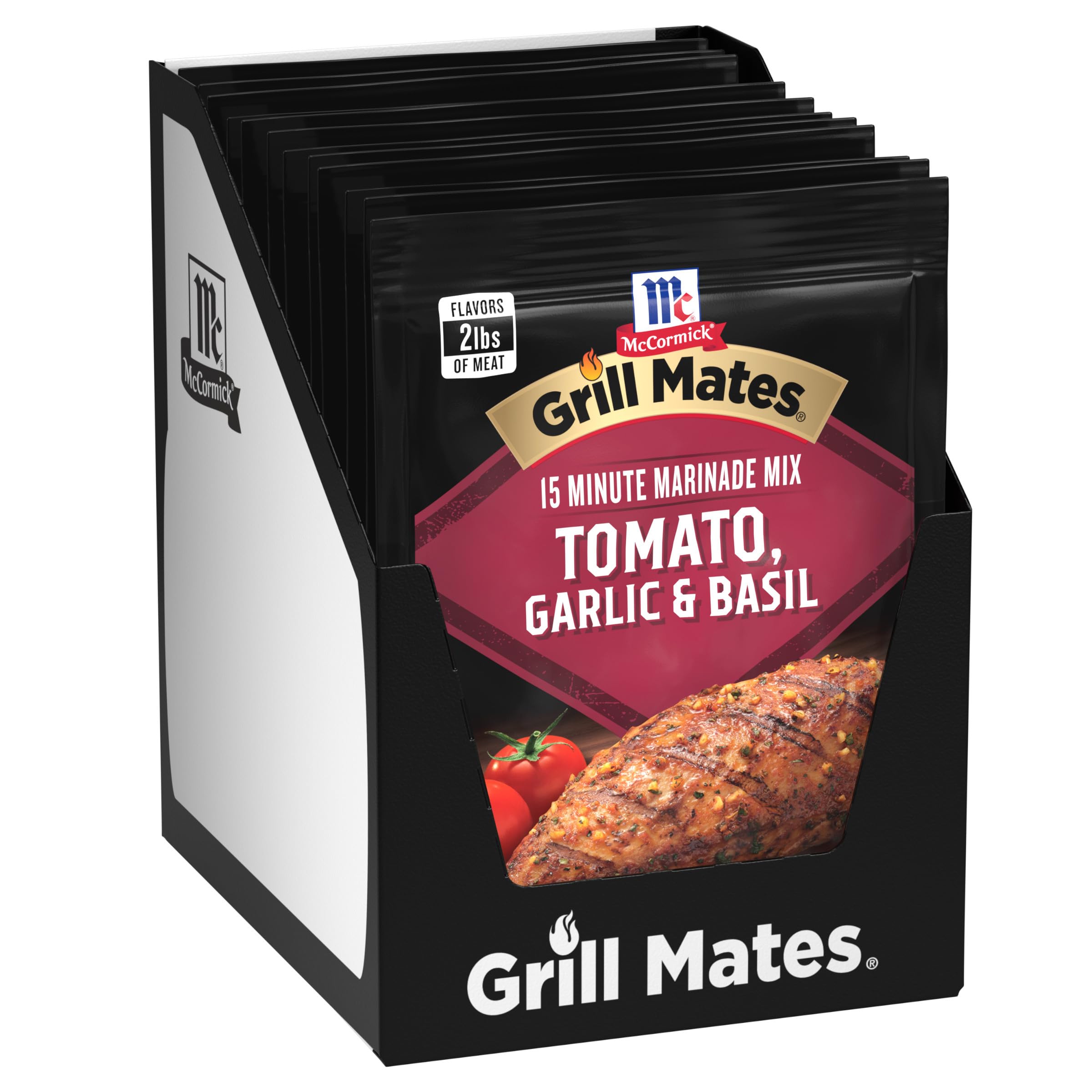 Grill Mates front pack showing tomato garlic basil seasoning and convenience