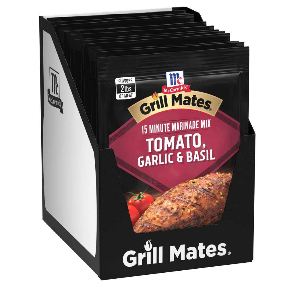 Grill Mates front pack showing tomato garlic basil seasoning and convenience