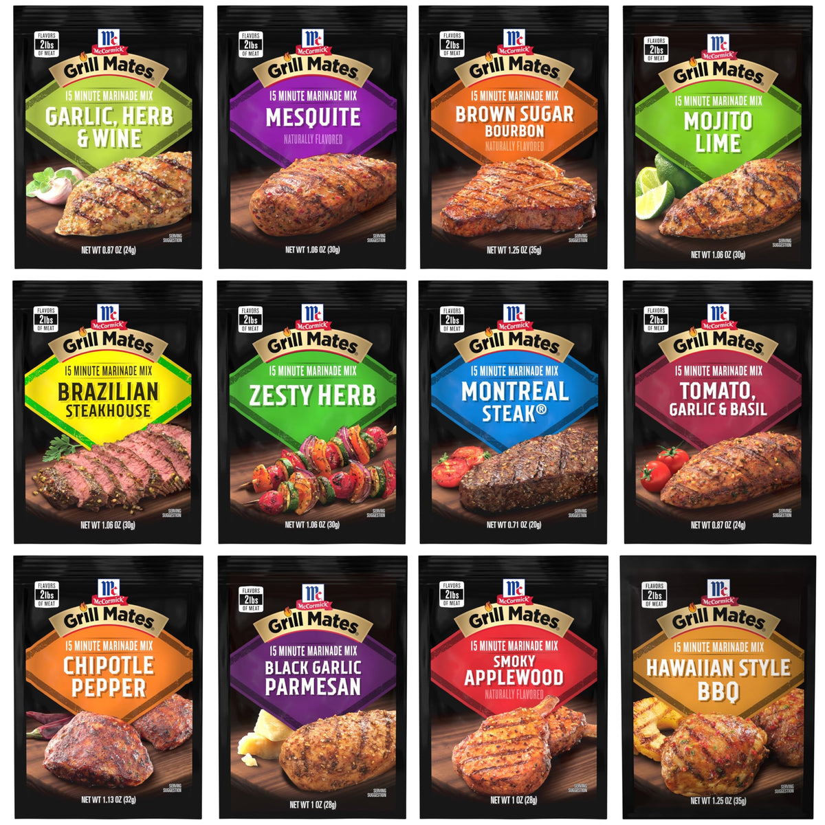 Grill Mates front packaging showing 12 marinade pouches and clear benefits