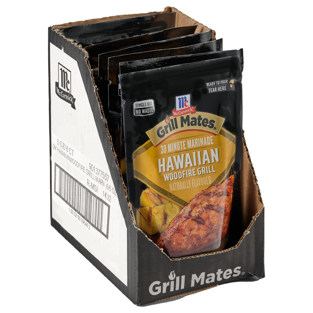 Grill Mates front packaging showing Hawaiian Woodfire pouch and branding, clear serving idea
