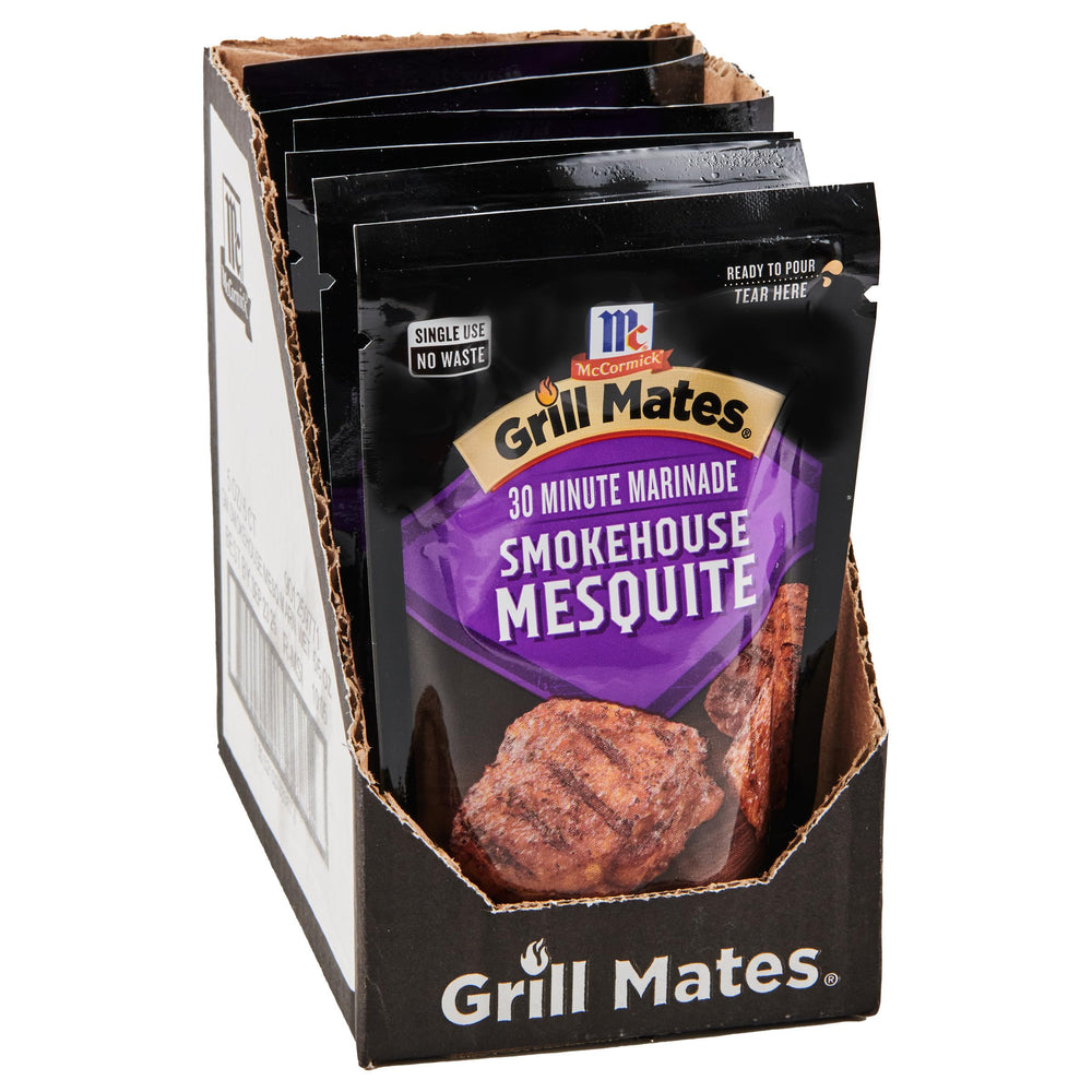 Grill Mates front packaging showing mesquite pouch, fast flavorful marinade