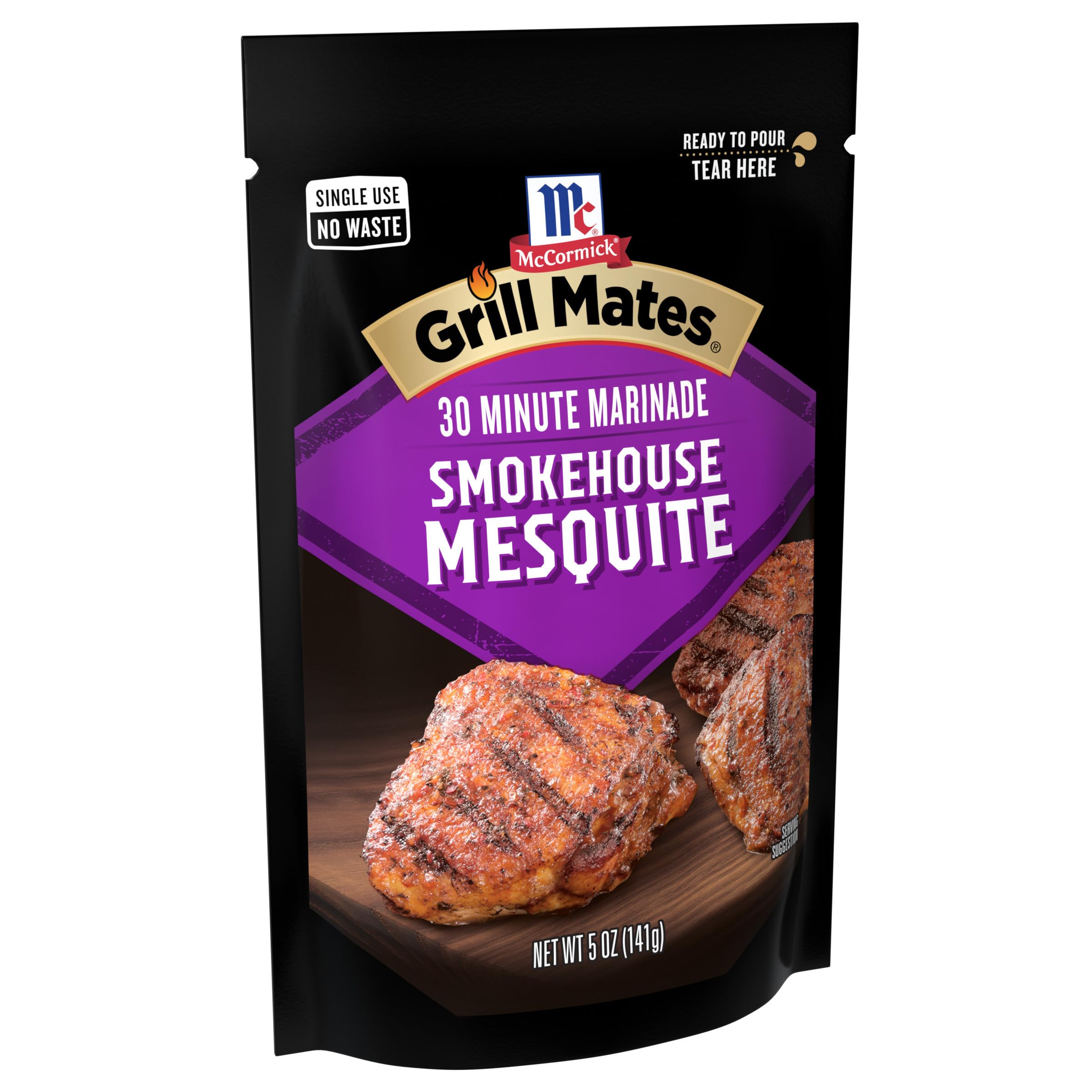 Grill Mates pouch pouring marinade onto meat, easy three-step convenience