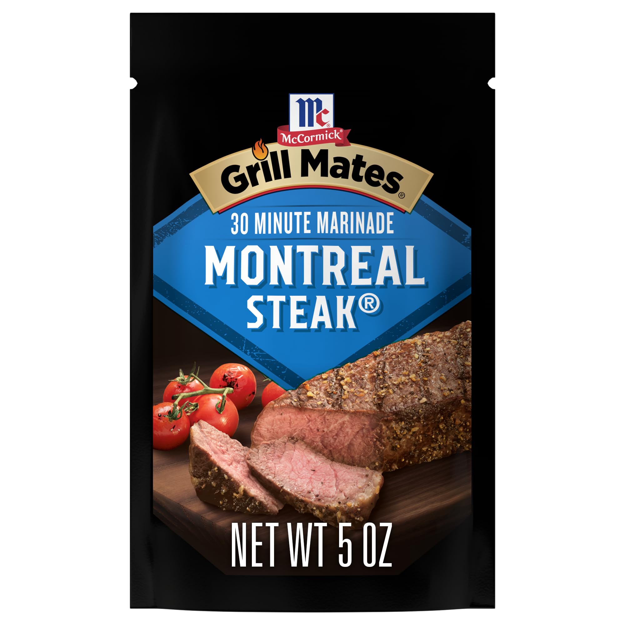 Grill Mates pouch being opened and poured over meat for quick flavor