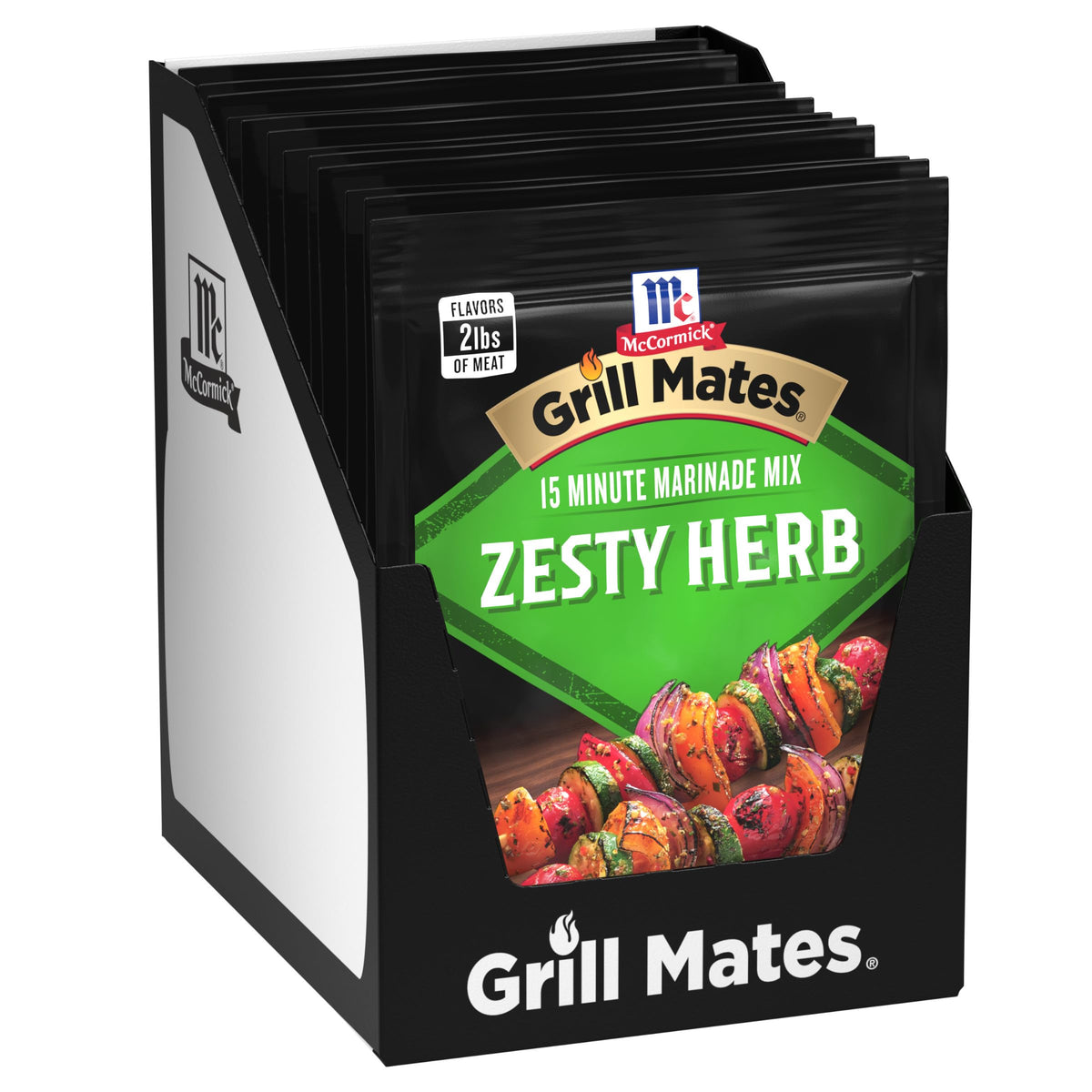 Grill Mates front packaging showing zesty herb marinade mix for easy grilling