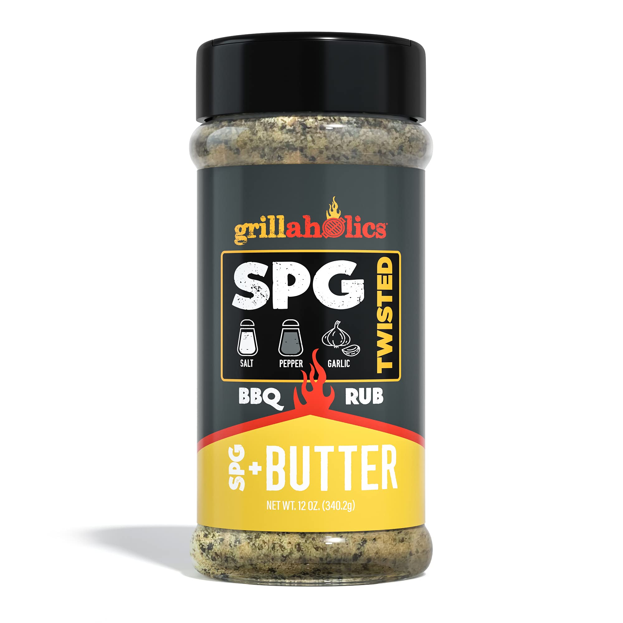 Grillaholics SPG + Butter front packaging showing label and shaker benefit