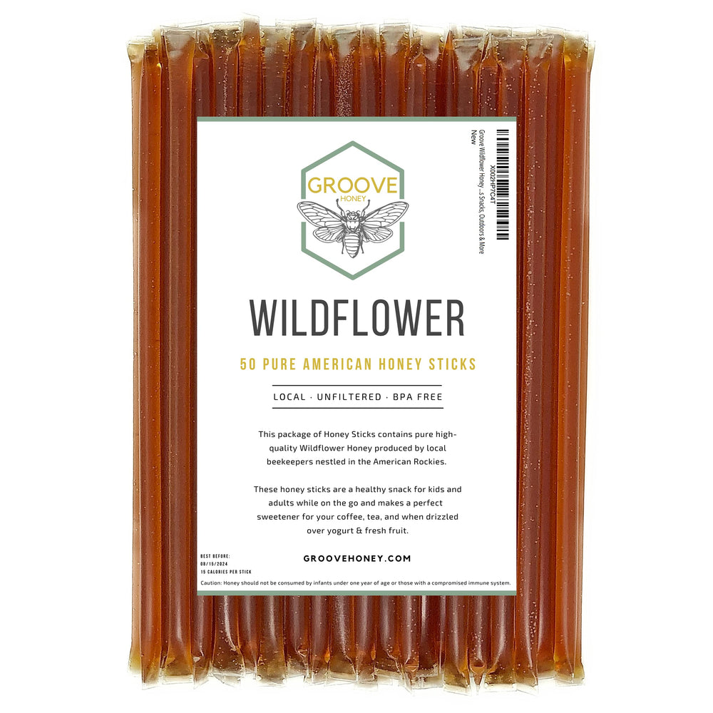GROOVE HONEY front packaging shows 50 honey sticks and convenience