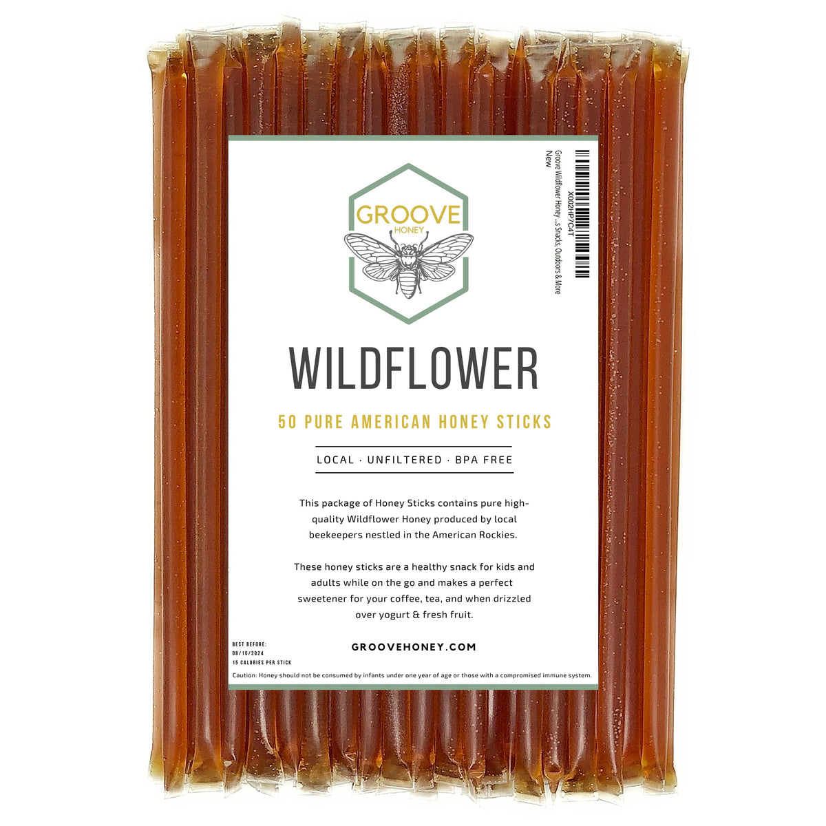 GROOVE HONEY front packaging shows 50 honey sticks and convenience