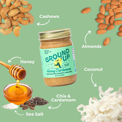 Ground Up close-up of nut butter texture with chia seeds for crunch
