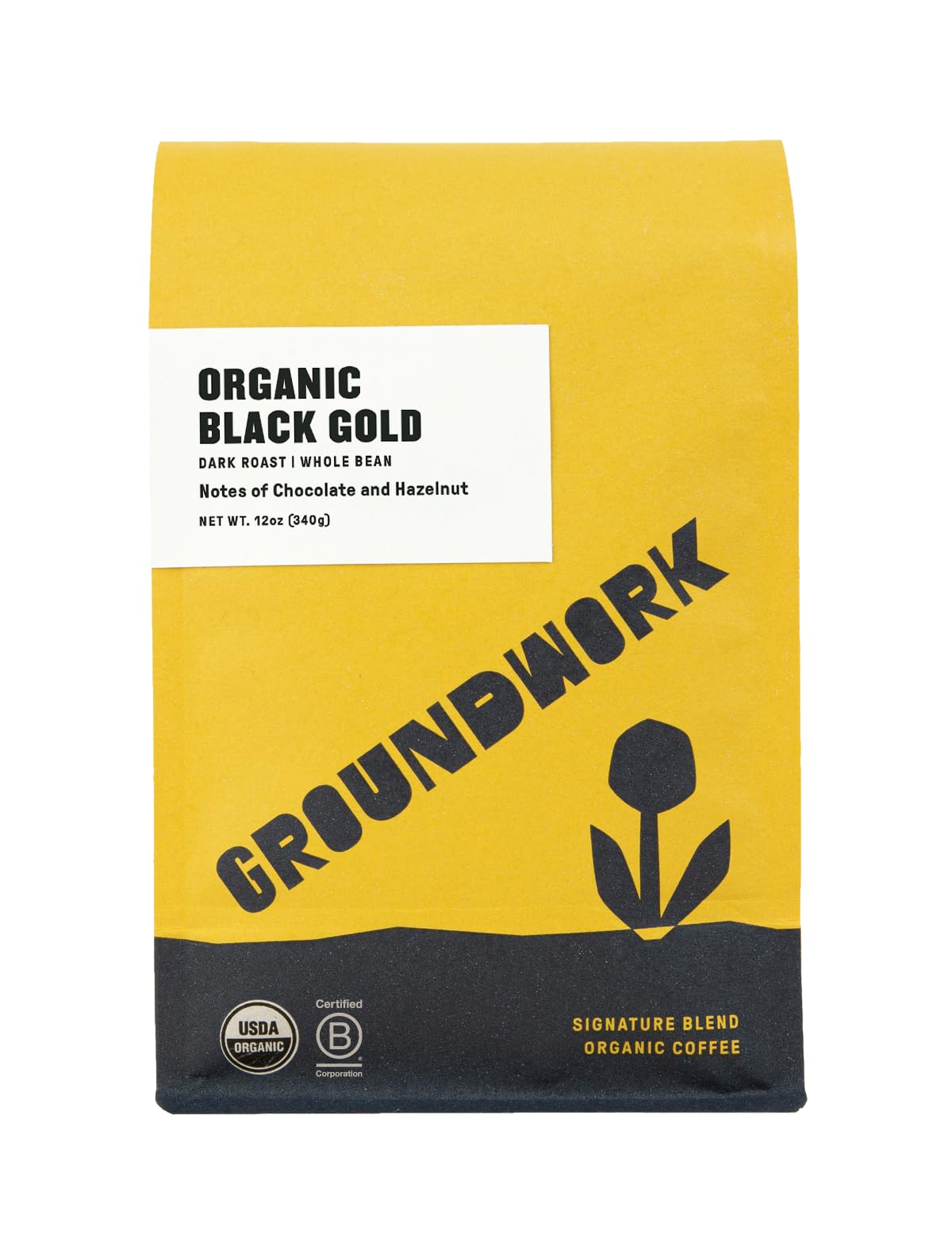 Groundwork Black Gold front packaging showing certification labels and benefit of organic quality