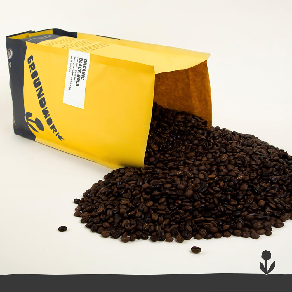 Groundwork Black Gold 12oz bag beside a scale showing portion size and consistent brewing benefit