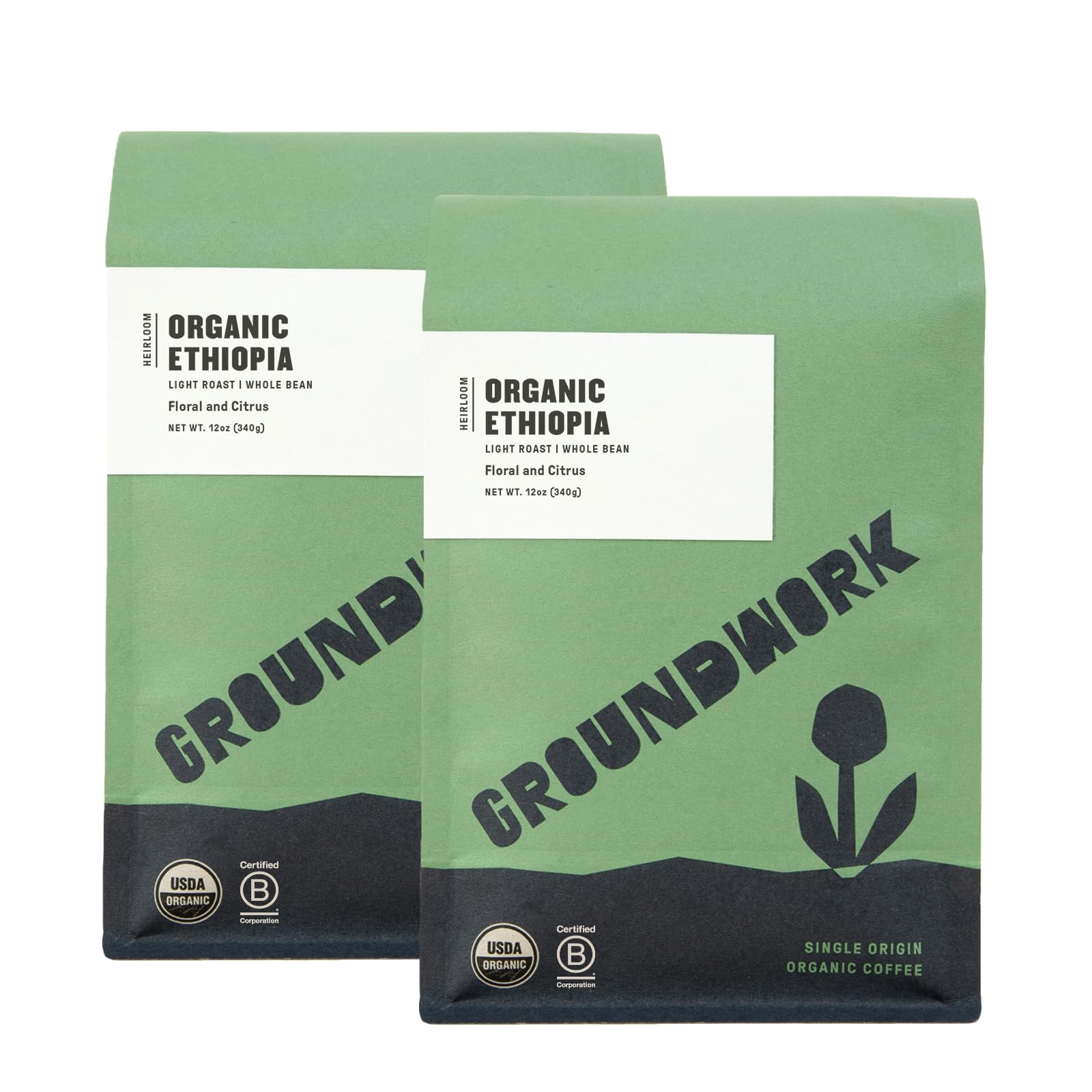 Groundwork front packaging showing 12oz bag and organic labels, clear origin information