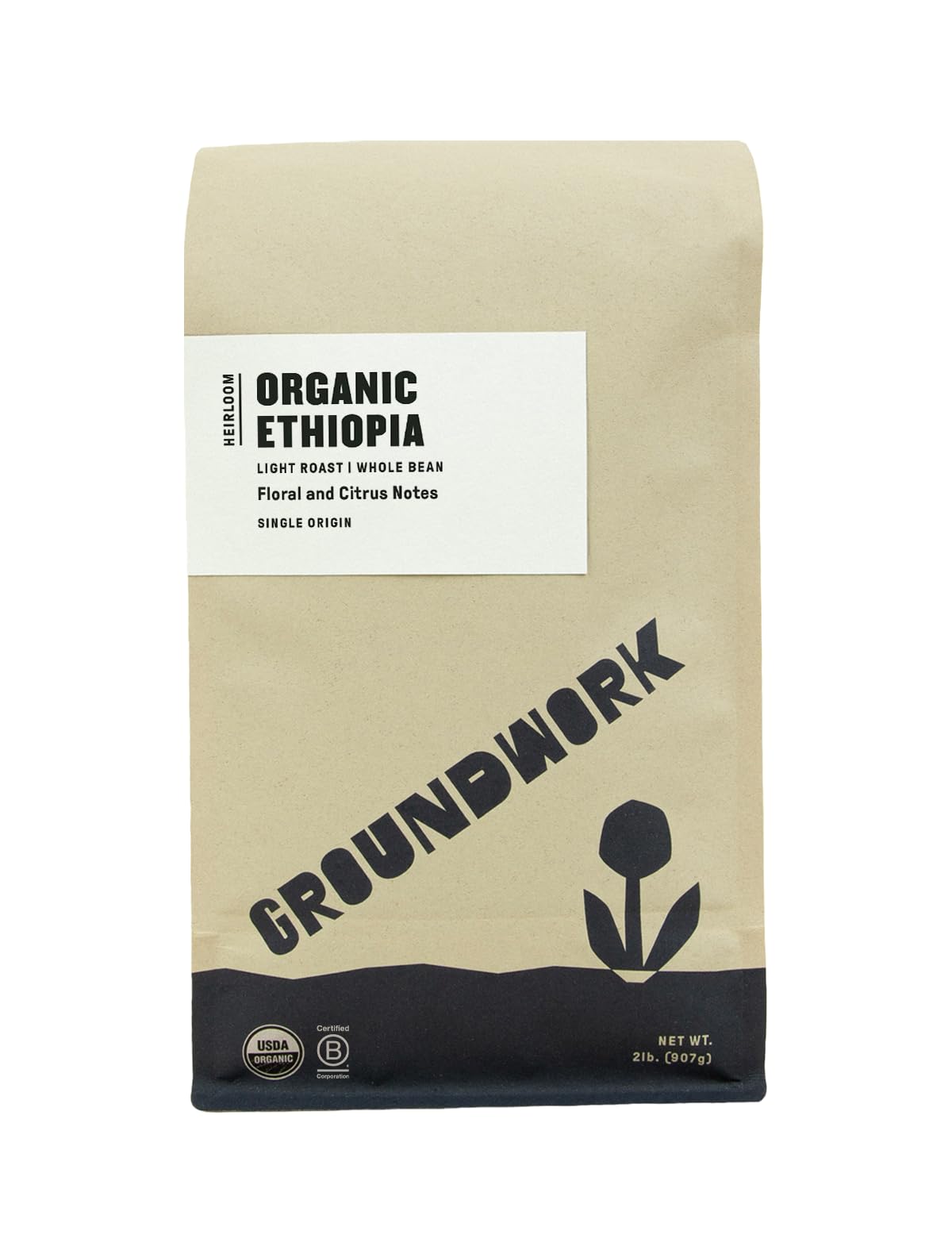 Groundwork Ethiopia heirloom front packaging showing organic branding and fresh roast benefits