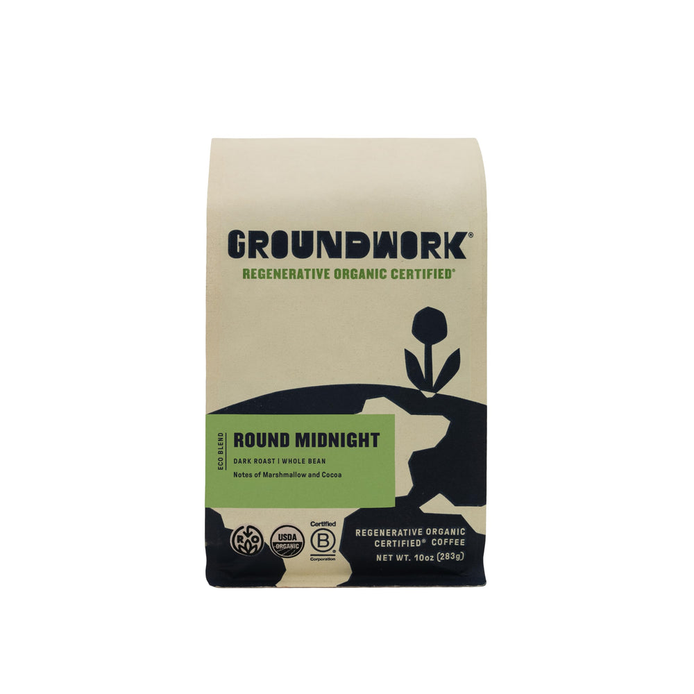 Groundwork Round Midnight front packaging showing bold dark roast branding and benefit