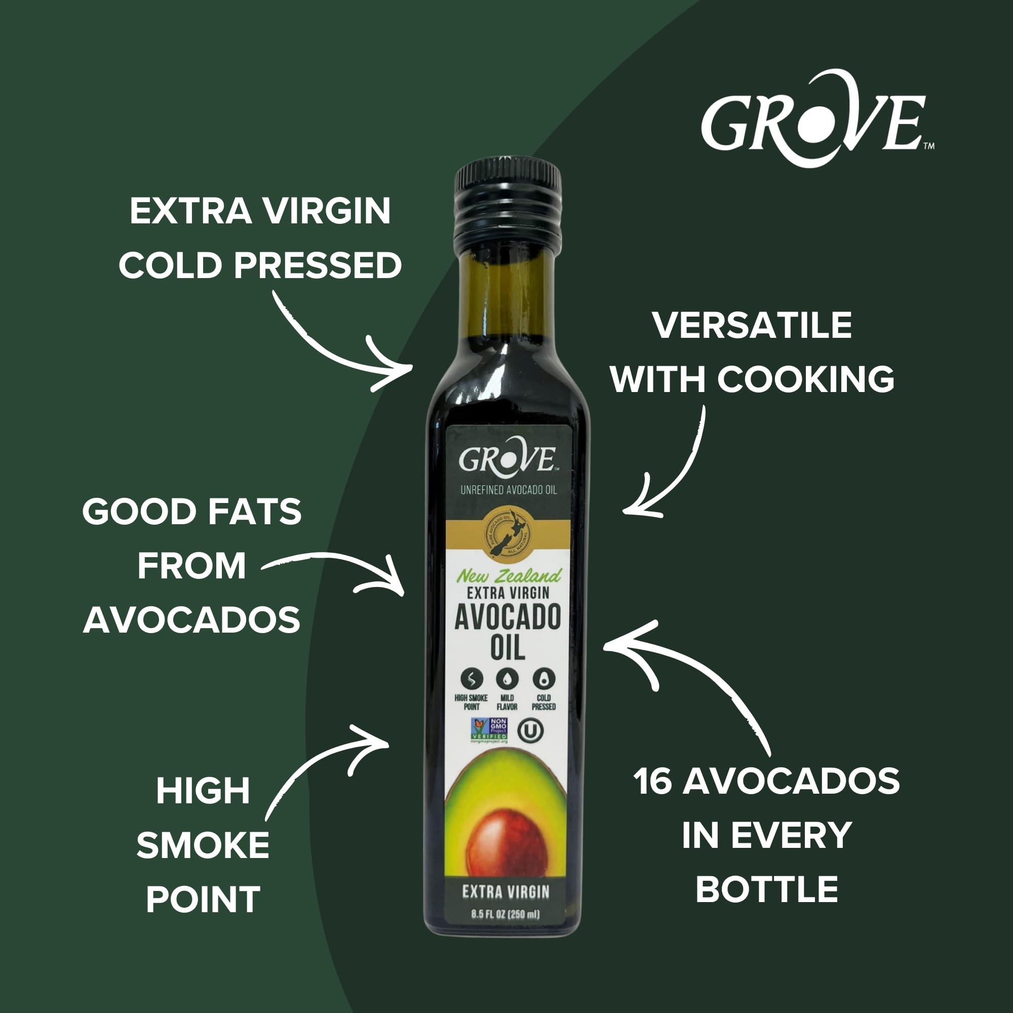 Grove label detail close-up highlighting extra virgin and cold-pressed benefits