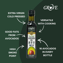 Grove label detail close-up highlighting extra virgin and cold-pressed benefits