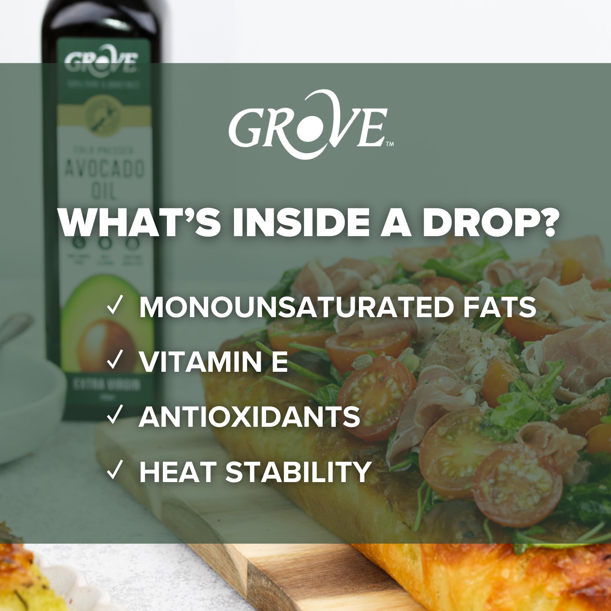 Grove avocado oil pouring into a hot pan for high-heat searing and browning