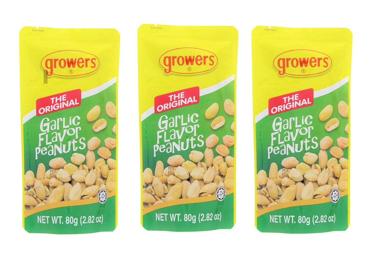 Growers front packaging showing single-serve garlic peanuts, convenient grab-and-go snack
