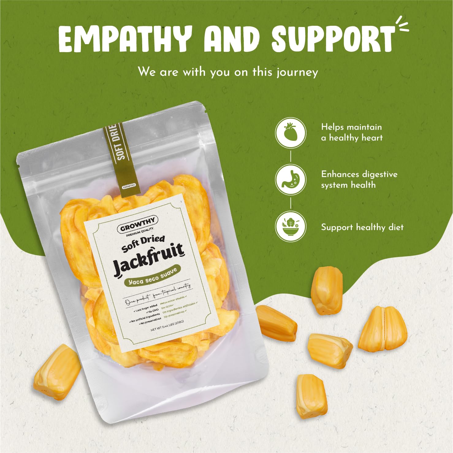 Growthy ingredient label closeup showing 100% real jackfruit and clean list