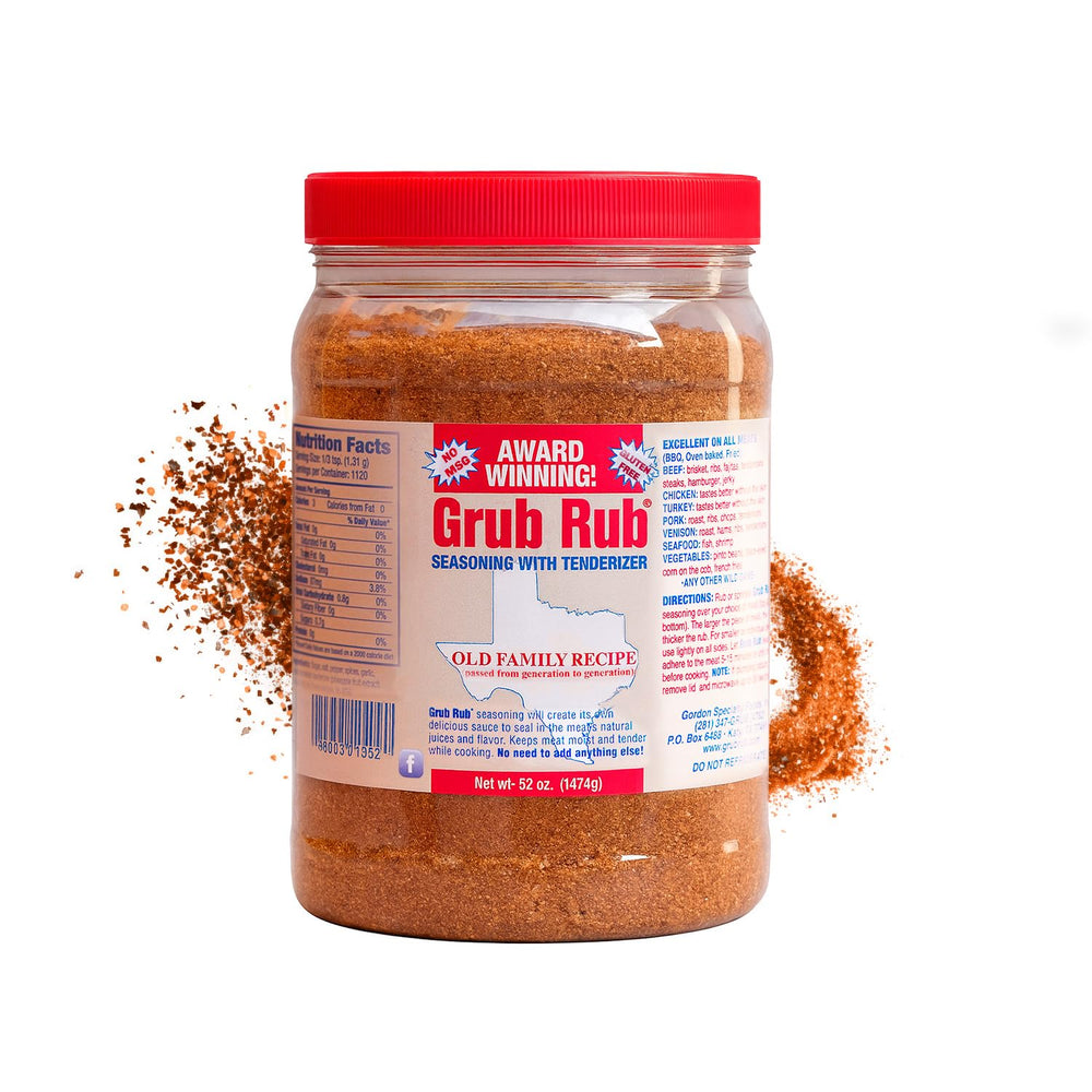 Grub Rub front label on 52 ounce container showing product name and size, easy identification benefit