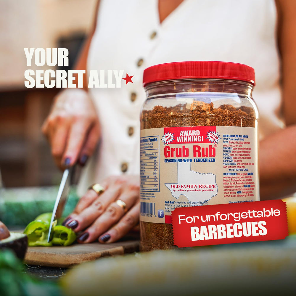 Grub Rub label with award badge visible, highlights award-winning family recipe credibility