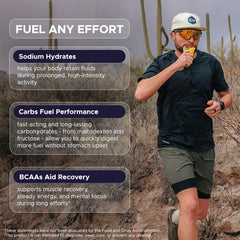GU Energy packet held in hand for scale emphasizing compact, pocket-ready size