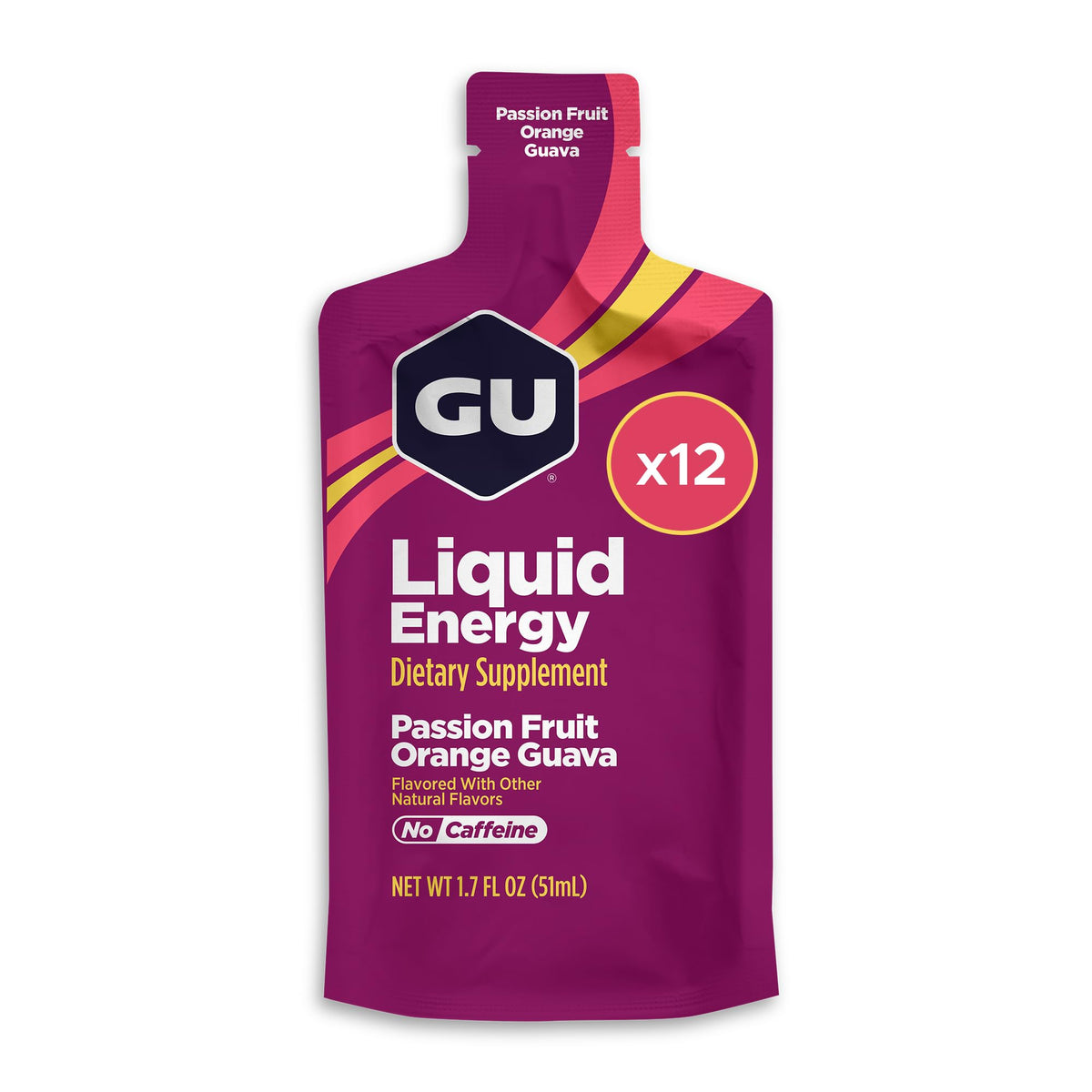 GU Energy front packaging showing Passion Fruit Orange Guava and portability benefits