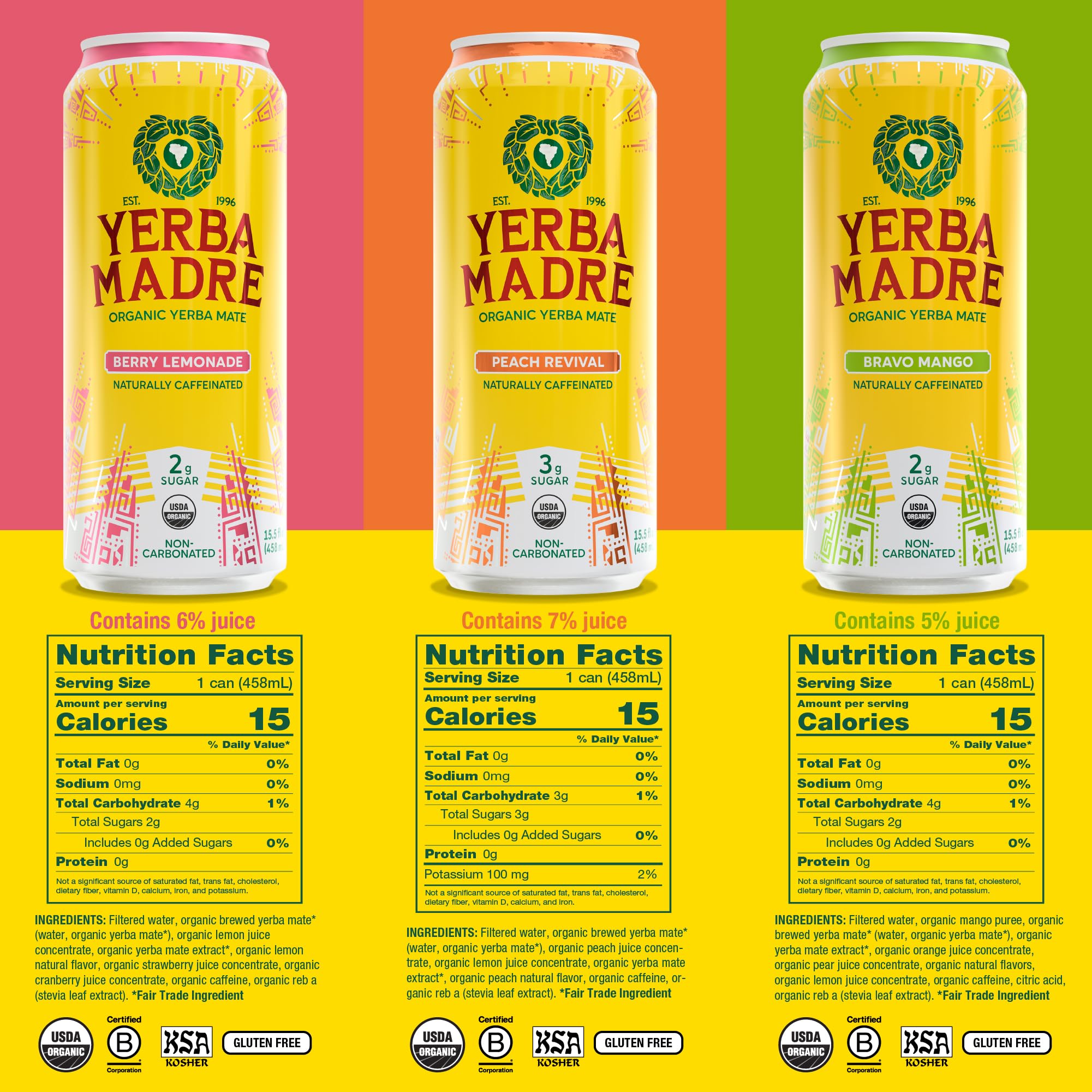 Close-up of Guayaki can label highlighting yerba mate ingredients and the 150 mg plant caffeine benefit