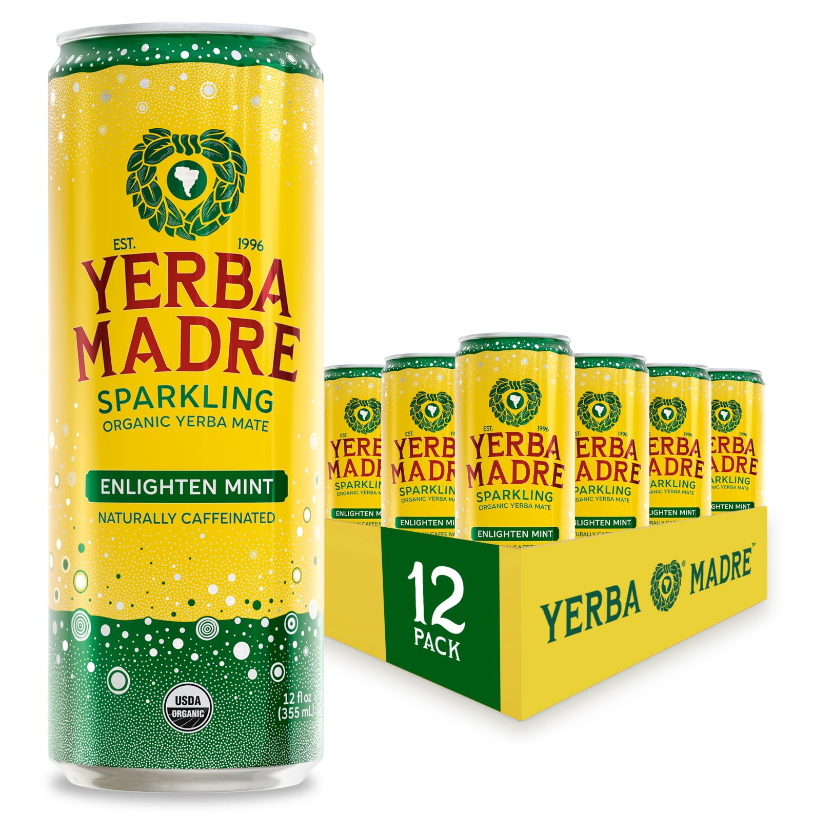 Guayaki can front view showing Enlighten Mint and energizing benefit