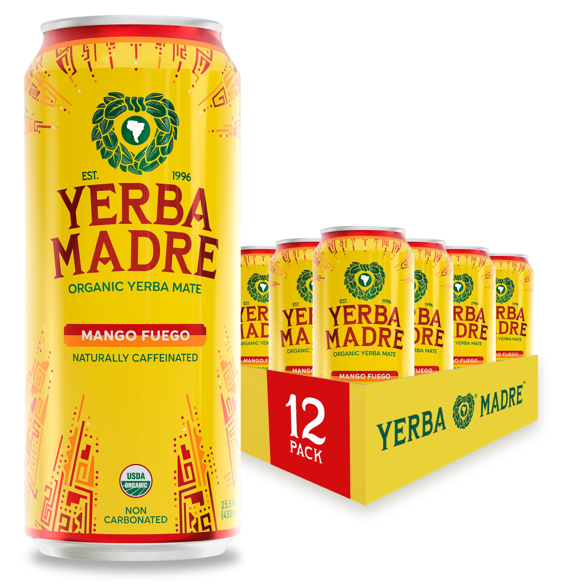 Guayaki Mango Fuego front can showing tropical label and brand benefit