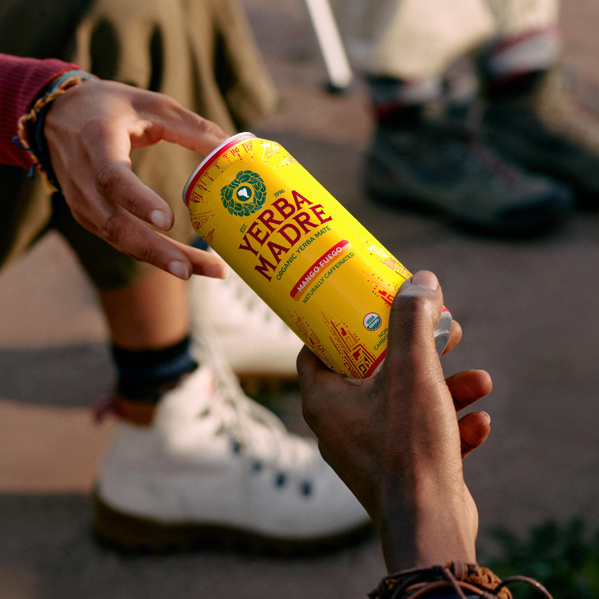 Guayaki Mango Fuego nutrition label close-up showing caffeine content and ingredients